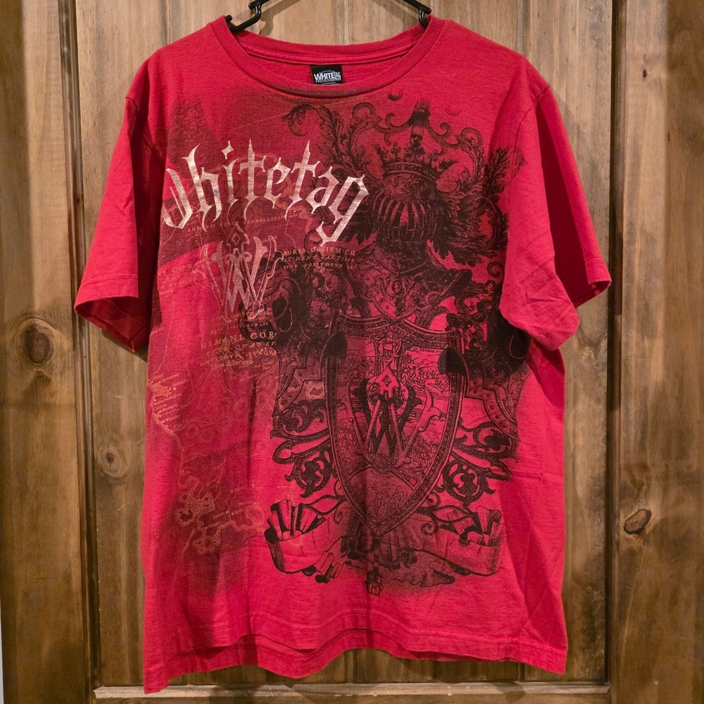 White‎ Tag Graphic T Shirt Mens XL Red Excellent Heraldic Crest Gothic Tee